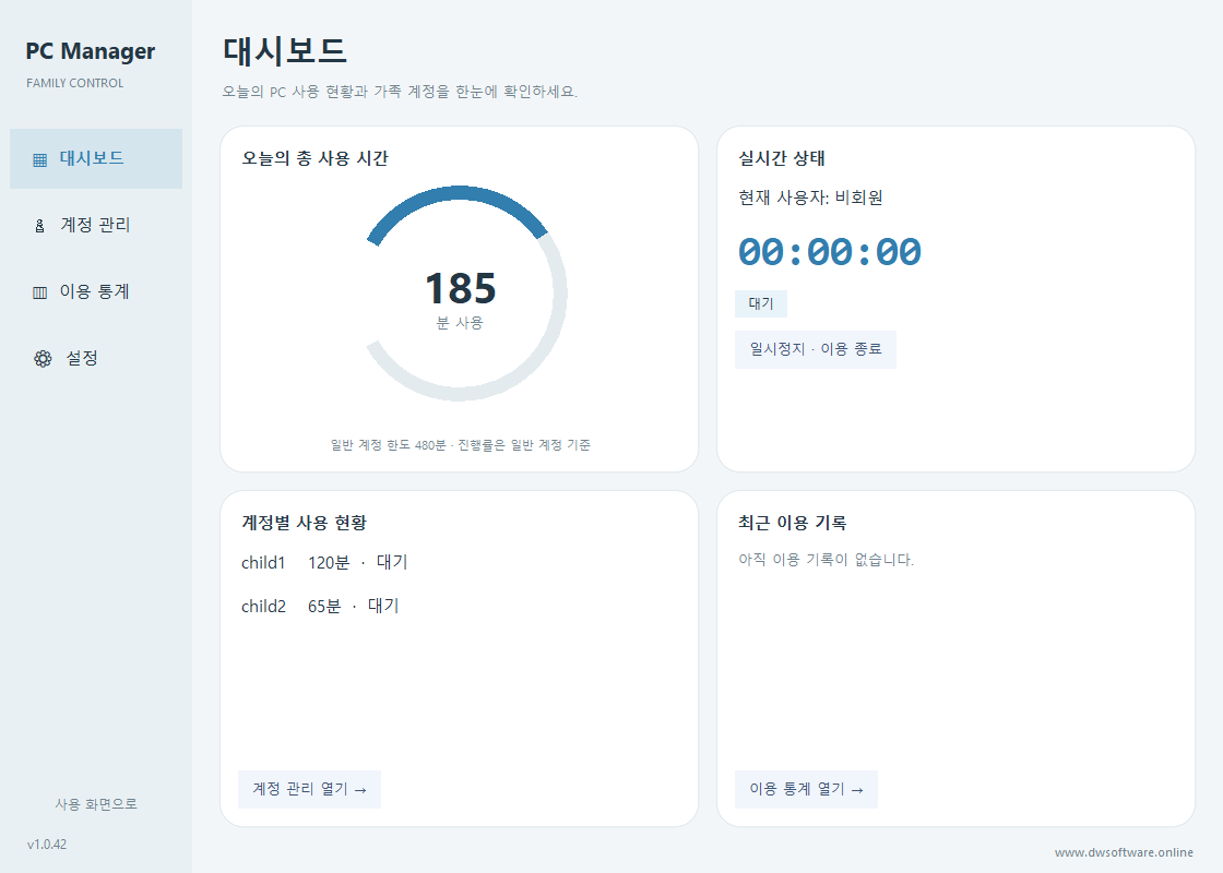 오늘의 PC 총 사용시간과 자녀 계정 상태가 표시된 PC Manager 대시보드